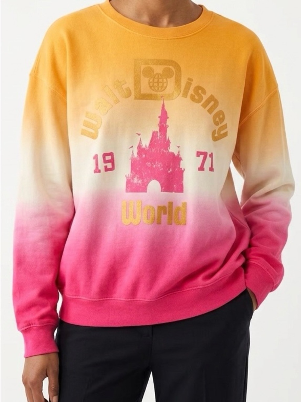 Disney Parks WDW 1971 Sunset Ombre Castle Crewneck Sweatshirt Pink Orange Gold L